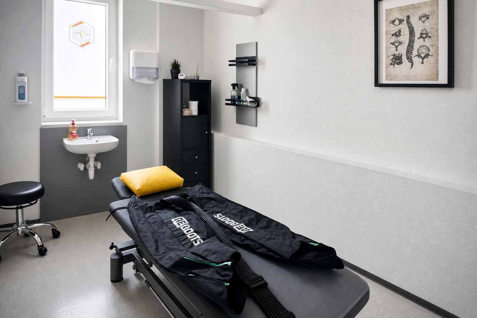 Behandlungsraum 2 mit Reboots Kompressionssystem bei CF Physio in Edenkoben